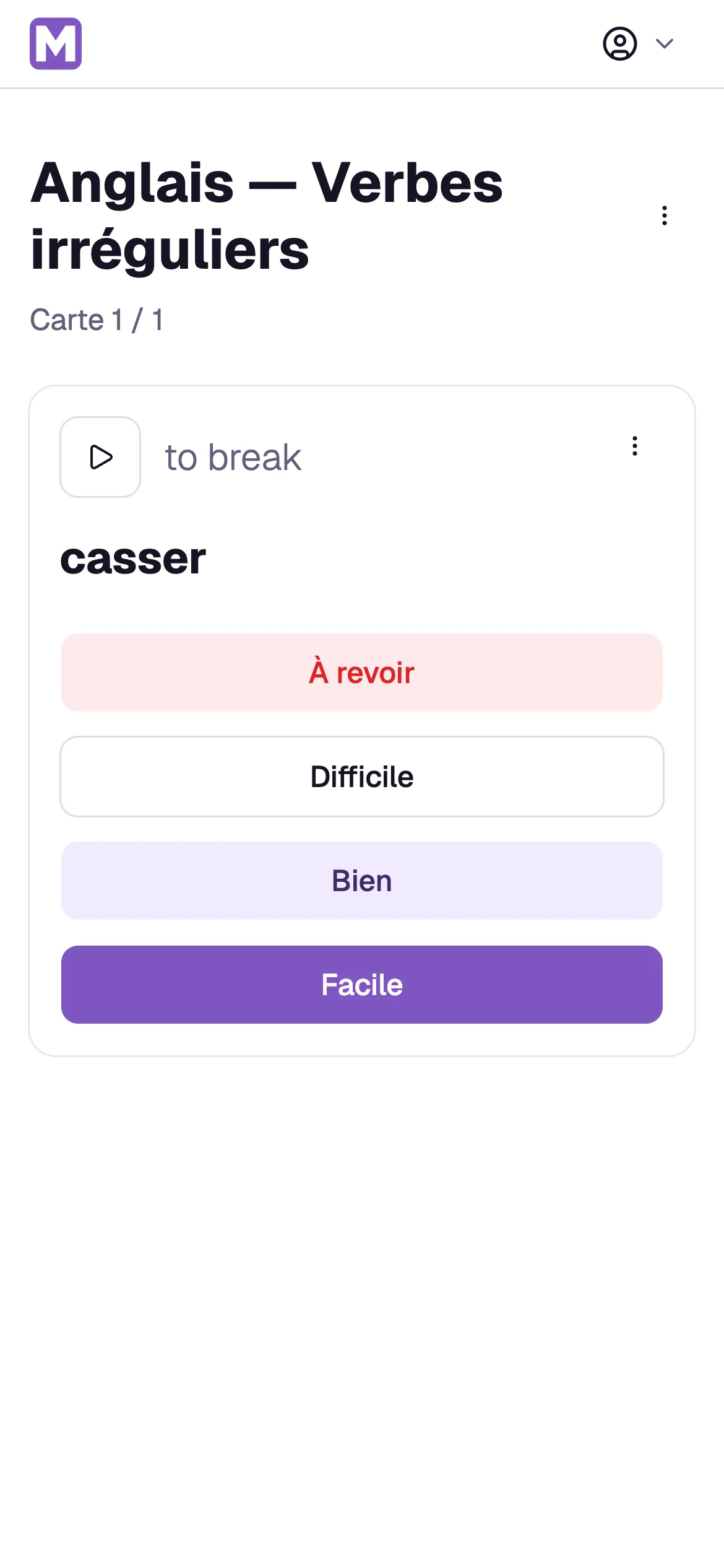 Capture d'écran d'une flashcard avec lecture audio sur Memoratio — anglais, verbes irréguliers : « to break » (avec bouton de lecture), réponse « casser », quatre boutons d'auto-évaluation.